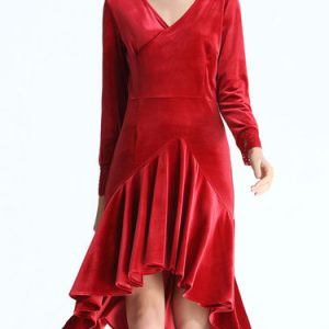 Red High Low Long Sleeve Ruffled Midi Dress