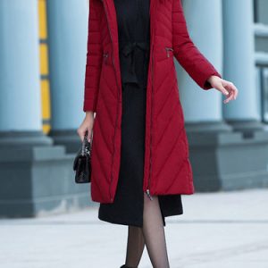 Red Hoodie Long Sleeve Color-block Down Coat