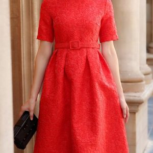 Red Jacquard A-line Short Sleeve Midi Dress