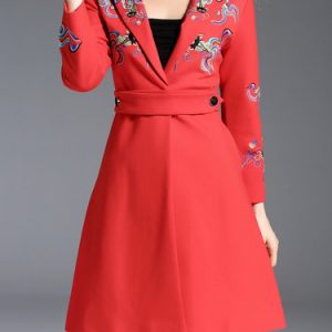 Red Lapel Vintage Long Sleeve Embroidered Coat