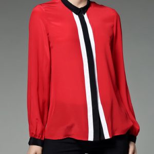 Red Long Sleeve Color-block Shirt Collar Silk Blouse