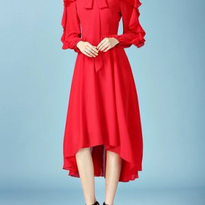 Red Long Sleeve Elegant Ruffled Midi Dress