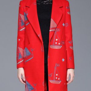 Red Long Sleeve Embroidered Polyester H-line Coat