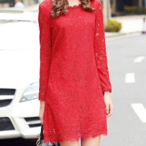 Red Long Sleeve Guipure Lace Pierced Mini Dress