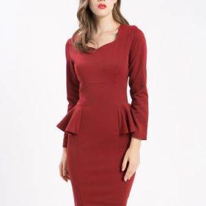 Red Long Sleeve Peplum Sheath Plain Midi Dress