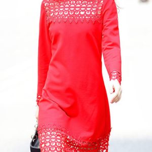 Red Long Sleeve Pierced Guipure Lace Bateau/boat Neck Midi Dress