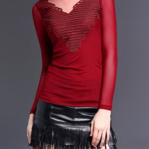 Red Paneled Crew Neck Polyester Long Sleeve Top