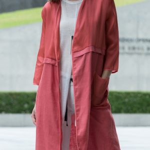 Red Plain Casual See-through Look Silk Coat