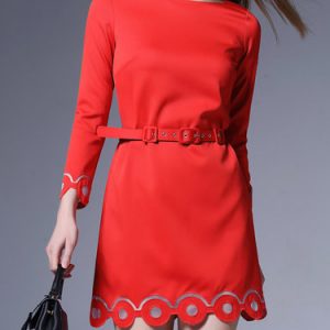 Red Plain Slash Neck H-line Girly Mini Dress