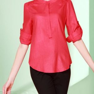 Red Plain Stand Collar Work Blouse