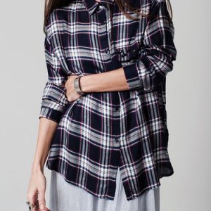 Red Pockets Long Sleeve Checkered Blouse