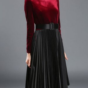 Red Polyester Paneled Pleated Midi Dress