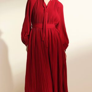 Red Polyester Solid Pleated Balloon Sleeve Midi Dress