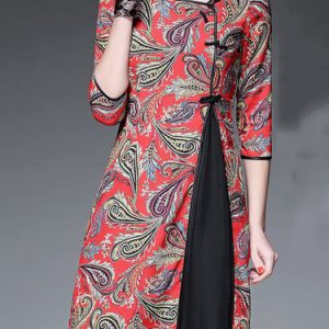 Red Polyester Vintage Midi Dress