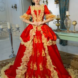 Red Retro Costume Baroque Embroidered Zipper Tunic Chapel Train Ball Gown Dress Halloween