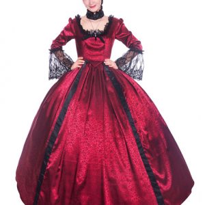 Red Retro Costumes Bows Lace Satin Halloween Victorian Style Dress Women Vintage Clothing