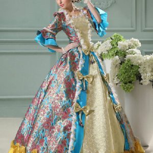 Red Retro Costumes Ruffle Bow Marie Antoinette Costume Floral Print Dress Royal Masquerade Ball Gown