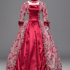 Red Retro Costumes Women Floral Print Bow Ruffle Marie Antoinette Costume Masquerade Ball Gown