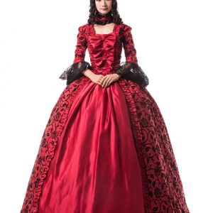 Red Retro Costumes Women Floral Print Lace Bows Matte Satin Mardi Gras Dress Victorian Era Style Vintage Clothing Halloween