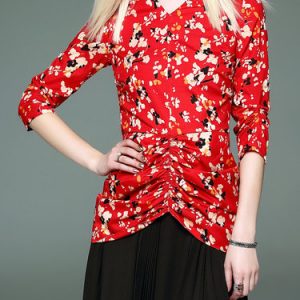 Red Shirred V Neck 3/4 Sleeve Floral-print Asymmetrical Blouse