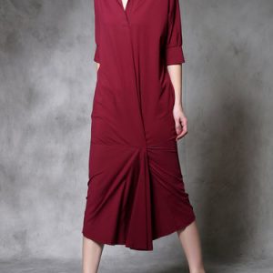 Red Shirt Collar Statement Plain Midi Dress