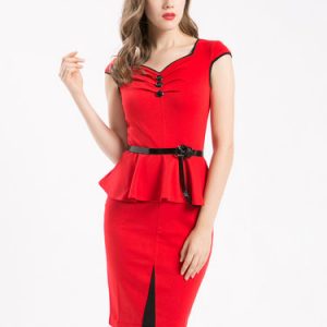 Red Short Sleeve Buttoned Peplum Midi Dress with Belt