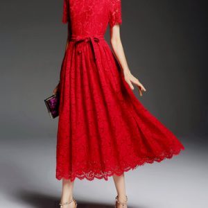 Red Short Sleeve Lace Midi Dress with Belt