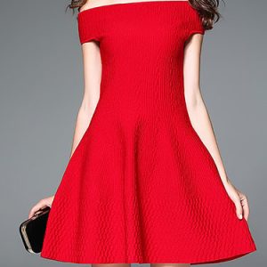 Red Short Sleeve Off Shoulder A-line Polyester Mini Dress