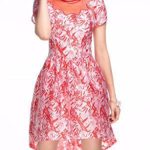 Red Short Sleeve Printed Crew Neck Midi Dress