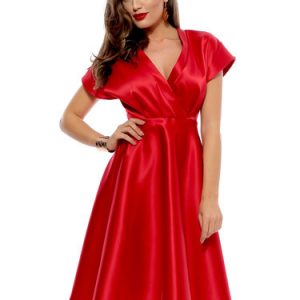 Red Short Sleeve Surplice Neck Tafetta Midi Dress