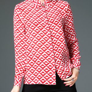 Red Silk Abstract Long Sleeve Printed Blouse