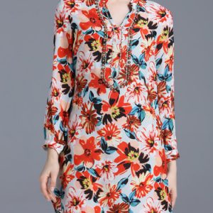 Red Silk Boho Shift Floral-print Holiday Dress