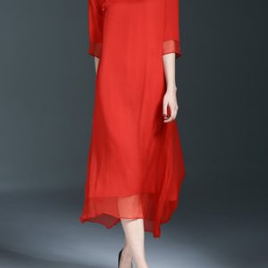 Red Silk Stand Collar 3/4 Sleeve Vintage Midi Dress