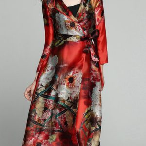 Red Silk Vintage H-line Printed Coat