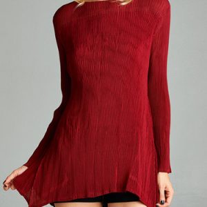 Red Slash Neck Plain Ribbed Long Sleeved Top