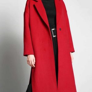 Red Slit Solid Long Sleeve Lapel Coat