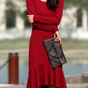 Red Solid Elegant Mermaid Cotton-blend Midi Dress