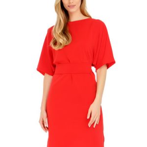 Red Solid Half Sleeve Midi Dress with Belt