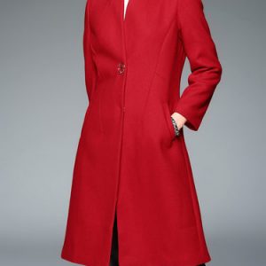 Red Stand Collar Buttoned Simple Coat