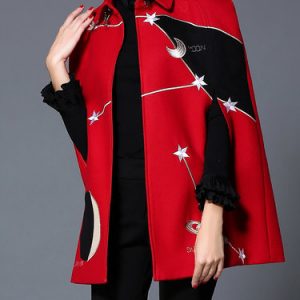 Red Stand Collar Casual Shift Poncho And Cape