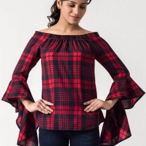 Red Statement Off Shoulder Frill Sleeve Cotton Blouse