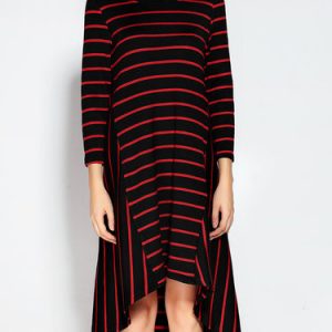 Red Stripes Wool Blend 3/4 Sleeve High Low Midi Dress