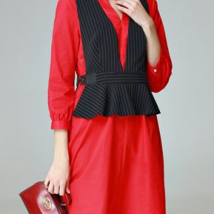 Red Two Piece Stripes Vest 3/4 Sleeve V Neck Midi Dress