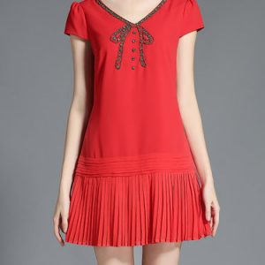 Red V Neck Polyester Casual A-line Mini Dress