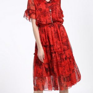 Red V Neck Shirred Silk-blend Frill Sleeve Midi Dress