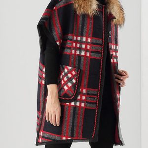 Red Wool Blend Casual Checkered/Plaid Fur And Shearling Coat