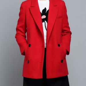 Red Wool Blend Lapel Buttoned Long Sleeve Coat