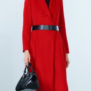 Red Wool Blend Solid Long Sleeve Coat