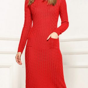 Red Wool Long Sleeve Turtleneck Midi Dress