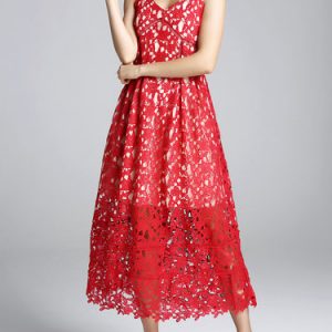 Red Zipper Elegant Spaghetti Lace Midi Dress